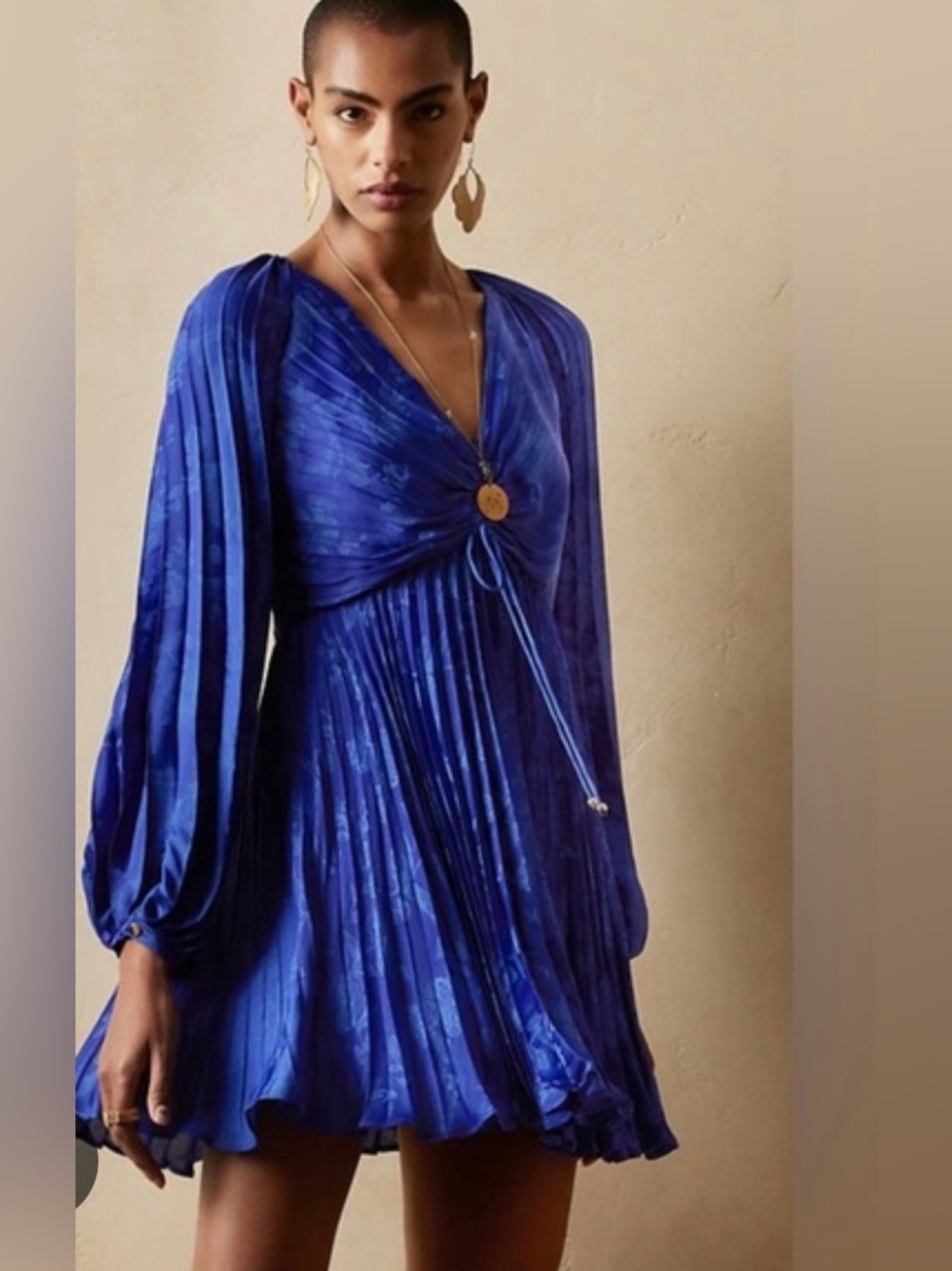 Banana Republic Cobalt Pleated V-Neck Long Sleeve Dress